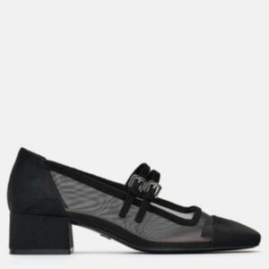 Zara Black Mesh Squared Toe Block Heeled Mary Jane’s Sz 37 (6.5)